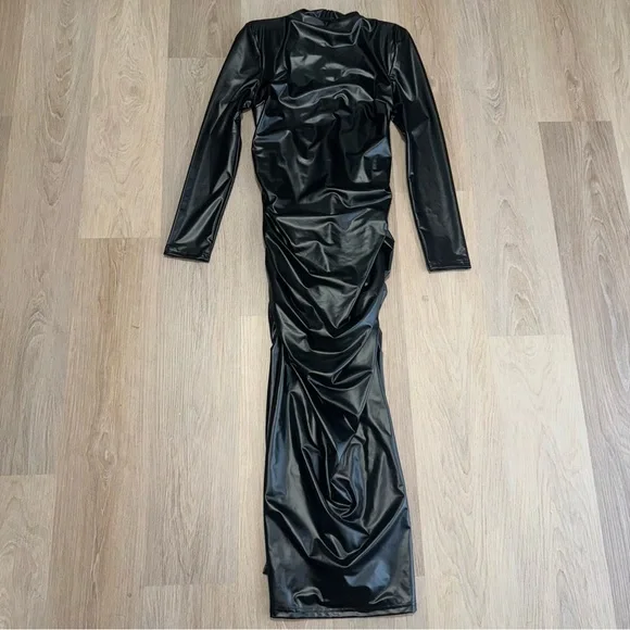 Black Faux Leather Mock Neck Long Sleeve Long Dress with Ruching & Slit - Large - Picture 2 of 7